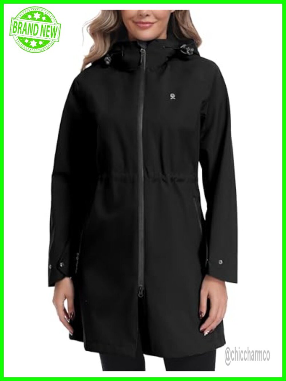 Waterproof Hooded Rain Jacket Mid Length Outdoor Coat Zipper Pockets